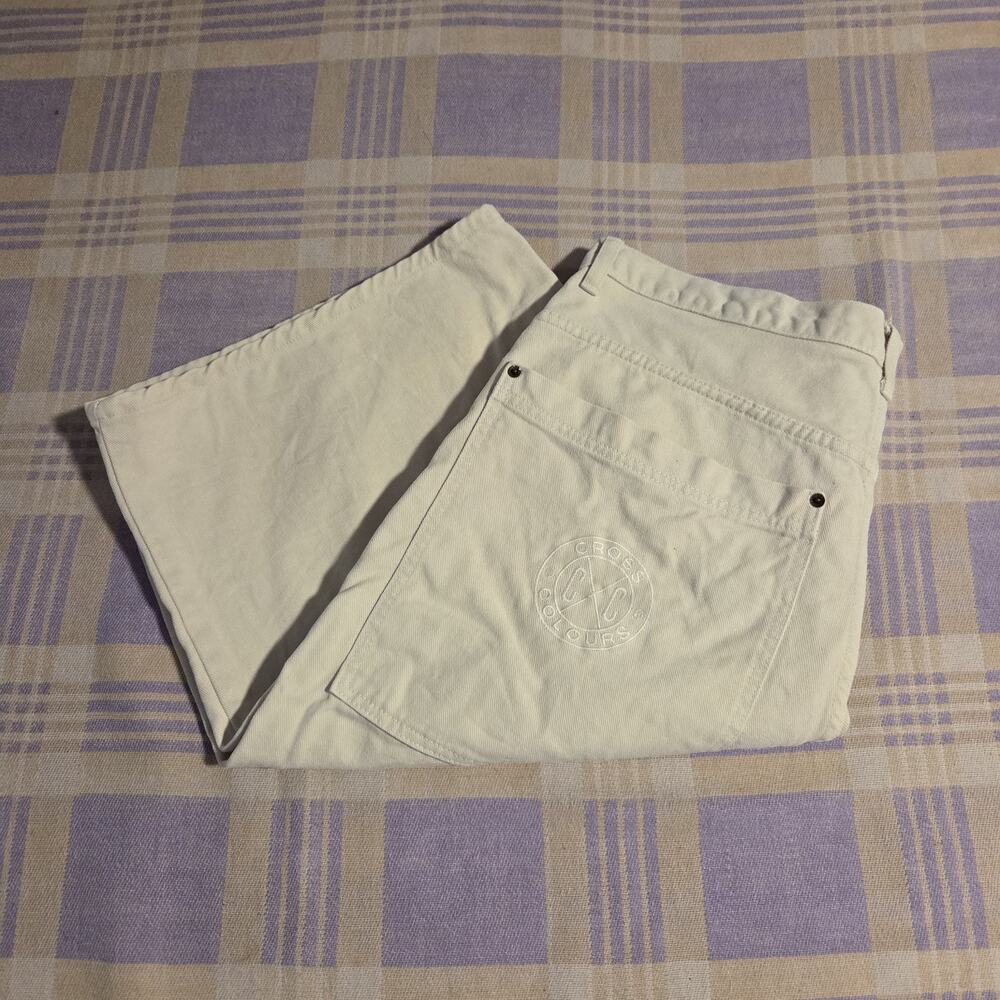 Rare Vintage 90s Cross Colours Made USA L.A. Baggy Shorts Logo Cream White Beige